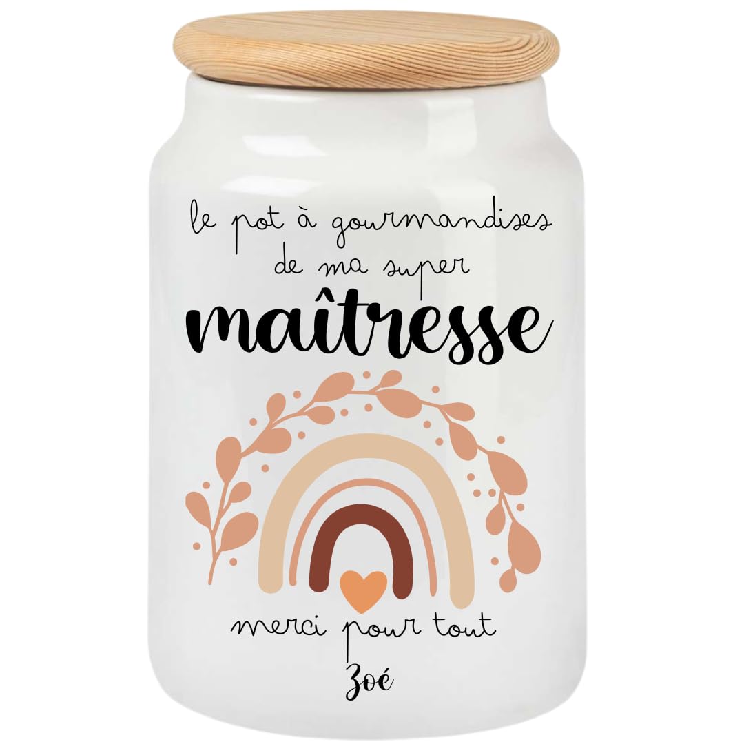 Pot à Cookies Maîtresse Personnalisé avec Prénom | Cadeau Original Fin d’Année Scolaire | Boîte à Biscuits Hermétique en Céramique | Merci Maîtresse (Arc-en-ciel-2)