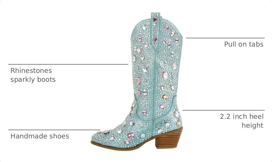 Image of Richealnana Sparkly Rhinestones Cowboy Cowgirl Style Boots Calf High Boots for Women 2INCH Heeled Shining Pull On Tabs