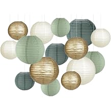 Pack of 15 Round Hanging Paper Lanterns Decoration Various Sizes Paper Lantern Green Gold Paper Lantern for Birthday Wedding Garden Christmas Party Decoration