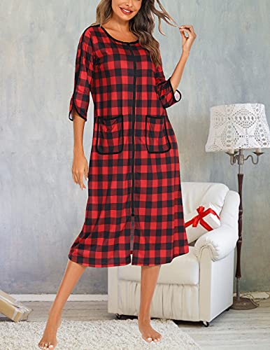 Image of Veseacky Women Robe Zipper Front House Coat 3 /4 Sleeve Nightgown Full Length Ladies Lounge Dress with Pockets S-XXL