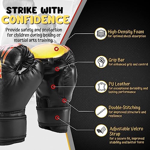 Flexzion Kids Boxing Gloves For 3 To 8 Years, 4 Oz Fire Black Youth Boxing Gloves Punching Gloves For Kids Sparring Training Mitts Punching Bag Junior Gloves For Kickboxing, Mma, Muay Thai, Training #TOP3
