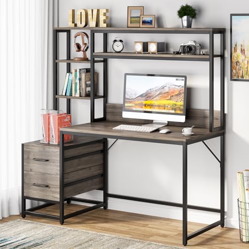 Image of Tribesigns 55 Inch Computer Desk with 2 Drawers and Storage Shelves, Rustic Office Desk with Hutch, Study Writing Gaming Table Laptop Workstation for Home Office (Grey)