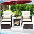 Koruiten 5 Pieces Wicker Patio Furniture Sets, PE Rattan Outdoor Table and Chairs Conversation Set, Outside Furniture with Cushions and Ottomans for Balcony Porch Lawn Garden (Cream)