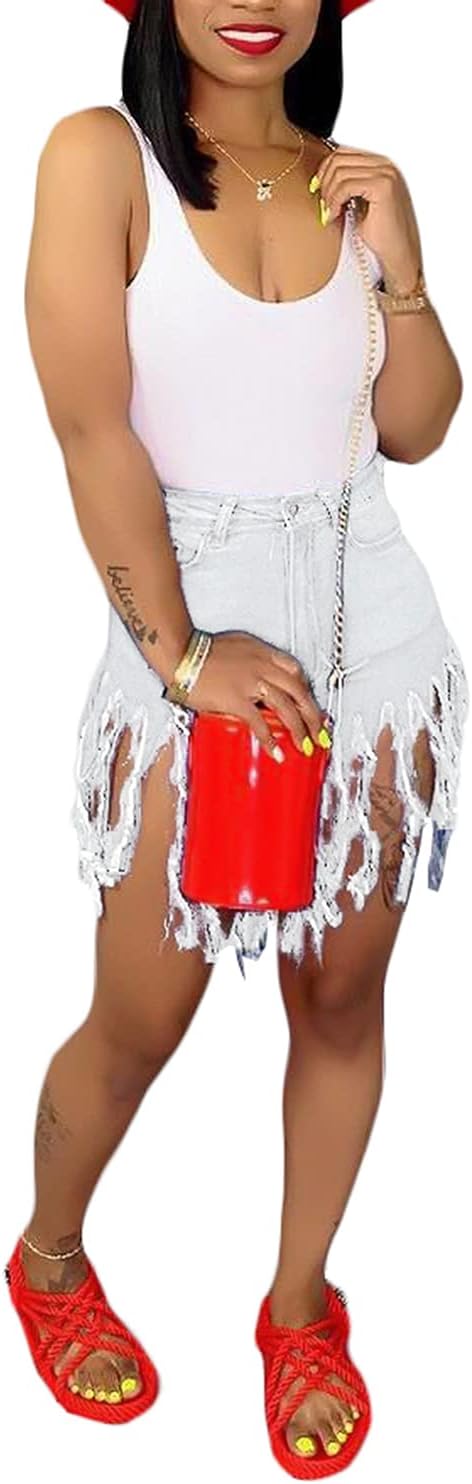 SIAEAMRG Women's Juniors Denim Shorts, High Waisted Frayed Raw Hem Tassels Short Pants Jeans