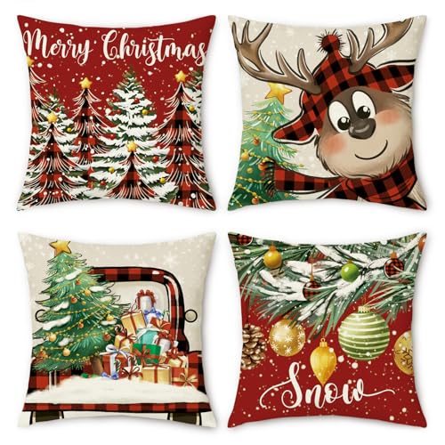 NymphFable 4er Set Kissenbezüge Weihnachten Rot 45 x 45 cm, Rentier...