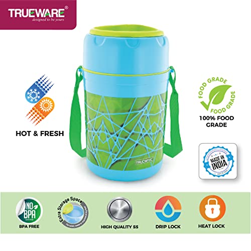 Image of Trueware Trendy 4 Inner Steel Outer Plastic thermoware Lunch Box | 4 Container 300 ML Each-Green | PU Insulated | Lunch Box | Tiffin | Hot lunch box | Leak Proof | Easy to Carry | Hot & Cold Food Grade| BPA Free | Stainless Steel Dabbi | Office | Outdoors | For Men, Women, and Kids