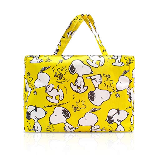 Image of Finex Yellow Waterproof PVC Rectangular Hand Carry Diaper Bag Tote with Multiple Dividers Open Pockets Handles Zipper Closure White Dog