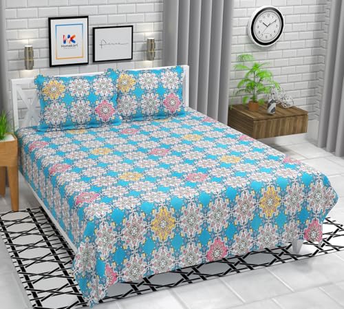 Image of HOMEKART Floral 180 Tc Ultra Super Soft Cotton Feel Microfiber Double Bedsheet with Two Pillow Covers for Your Bedroom (90x88 Inches, Aqua)