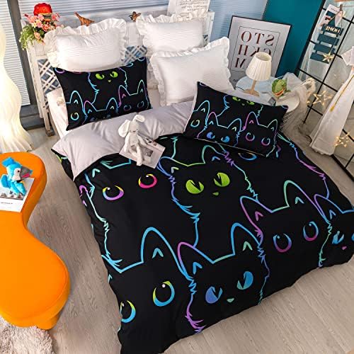 Cartoon Cat Comforter Cover Set Twin Size,Gradient Line Cat Bedding Set,Cute Cat Duvet Cover Set with Zipper for Teens Kids Boys Girls Adults Room Decor,1 Quilt Cover 2 Pillow Cases No Comforter,Black 2 51AkrnNBCaL. AC