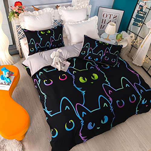 Cartoon Cat Comforter Cover Set Queen Size,Gradient Line Cat Bedding Set,Cute Cat Duvet Cover Set With Zipper For Kids Teens Boys Girls Adult Room Decor,1 Quilt Cover 2 Pillow Cases No Comforter,Black #TOP1