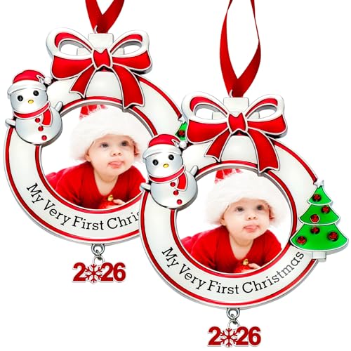 Yookeer Christmas Baby's First Photo Ornament 2026 My Very First Christmas Photo Frame Xmas Baby's 1st Keepsake Picture for Newborn Baby Xmas Tree Decor(2 Pieces,Round)