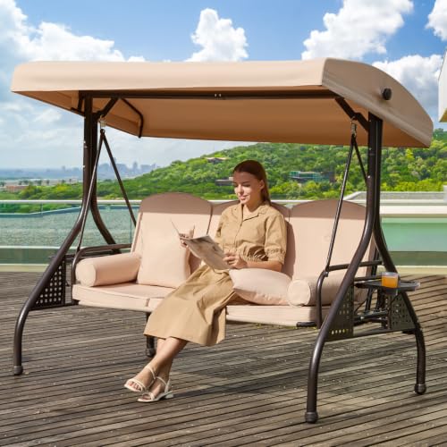 Image of 3 in 1 Outdoor Porch Swing with Adjustable Canopy, 3 Seat Outdoor Swing for Adults, Patio Swing Chair with Thickened Cushions,Pillows & Cup Holders for Backyard, Porch, Garden (Khaki)