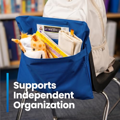 Image of Seat Sack Student Chair Storage Pocket - 17 inch, Single Pocket, Classroom Chair Organizer for Student Desks, Durable Over-the-Chair Storage, Ready-to-Use Name Tag Window, Blue, 25-Pack