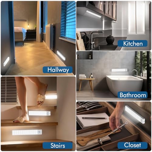 Image of Under Cabinet Lighting 4 Pack,Under Cabinet Lights Wireless,Motion Sensor Light Indoor Rechargeable Battery Operated,Dimmable Under Counter Lights for Kitchen,Drawers,Wardrobe,Stair Bedroom
