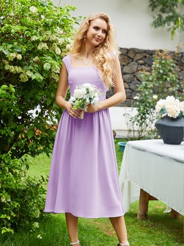 Image of Women's Formal Wedding Guest Dress Square Neck Cocktail Drop Waist Bridesmaid Flowy Midi Dresses with Pockets