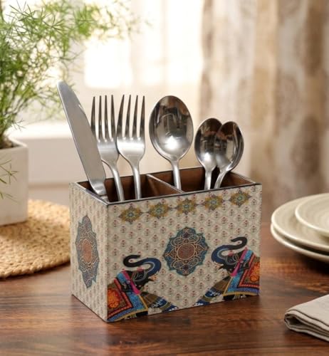 Image of DULI Engineered Wood Multipurpose Stand, Cutlery Holder, Spoon Stand, Table Organizer With 2 Sections, Chammach Stand (10Cm X 15Cm, 2Elephants, Utensils, (Multicolor))