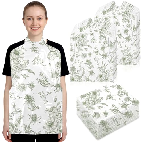Unittype Disposable Bibs for Adults 25/50/100 Pcs Plastic Floral Bib Dining Clothing Protectors for Elderly Eating(Green 25 Pcs)