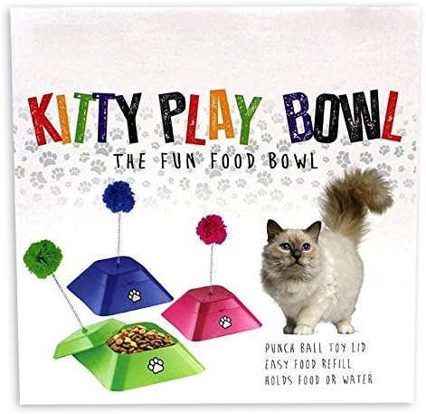 Kitty Cat Pet Food & Water Bowl with Fun Punch Ball Toy Lid (BLUE)