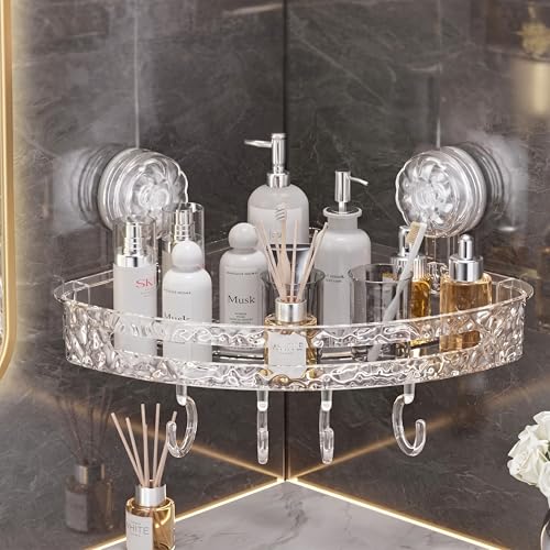 Image of LINEAR Wall Mounted Storage Rack with Hooks | Plastic Bath Shelf Organiser | Self Adhesive Bathroom Shelf | Crystal Pattern Design, Shelf for Bathroom Accessories (1)