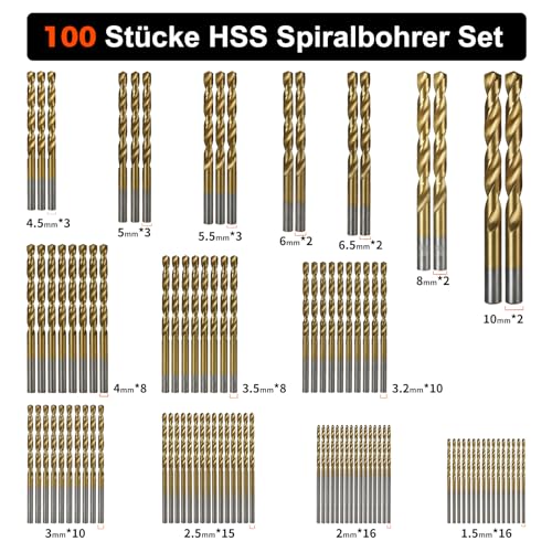 Bohrer Edelstahl, COMOWARE 100 tlg. HSS Bohrer Set Metall Titanium-beschichtet in 14 Größen von 1mm bis 10mm für Holz, Metall, Kunststoff in Aufbewahrungskoffer, Edelstahl Bohrer Bohrmaschine Zubehör