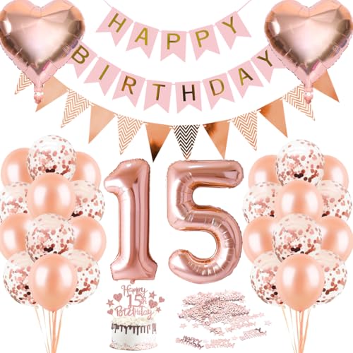 Luftballons 15. Geburtstagsdeko Rosegold Deko 15. Geburtstag Mädchen Ballons 15 Jahre Dekoration Riesen Folienballon Nummer Happy Birthday Banner Roségold Geburtstag deko Ballon 15 Jahre Mädchen