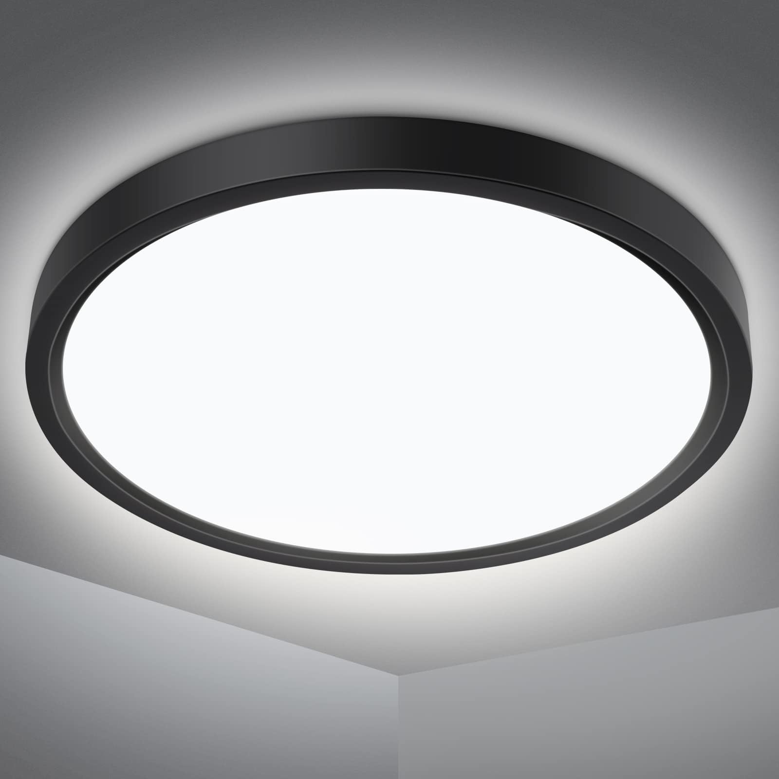 Defurhome Bathroom Ceiling Light Ø22CM 18W 1500LM,100W Equivalent,5000K Daylight White,Waterproof IP54,Dome,Modern, Flush Ceiling Light for Kitchen,Bulkhead,Toilet,Porch,Bedroom,Utility Room(Black)