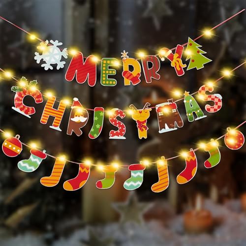 SUNBEAUTY Merry Christmas Banner with LED Lights Merry Christmas Sign Christmas Party Decorations Xmas Holiday Decor for Indoor Home Office Fireplace Mantle Farmhouse
