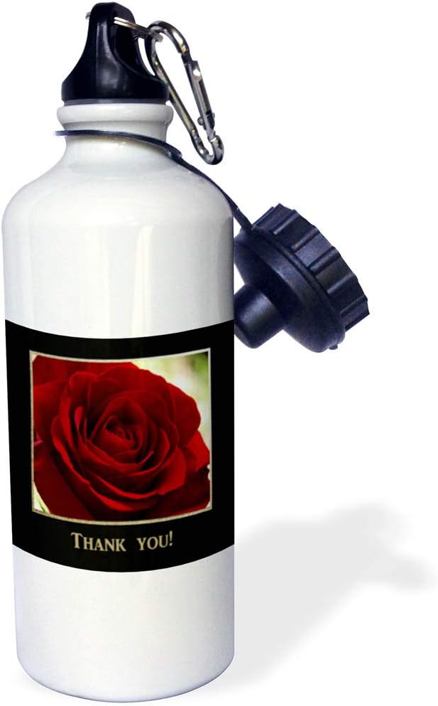 3dRose "Red Rose Frame in Gold and Black Thank you" Sports Water Bottle, 21 oz, White