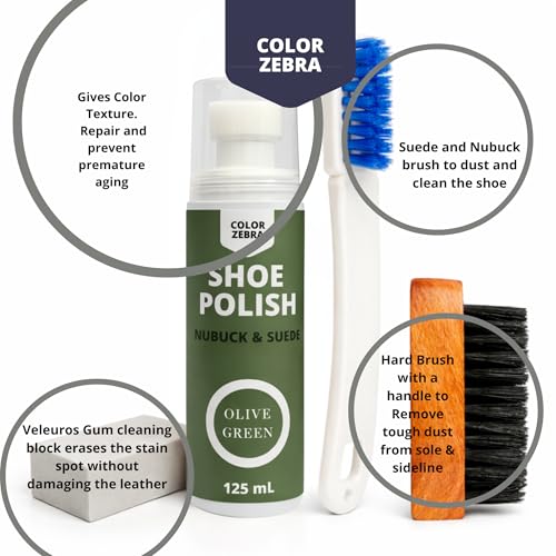 Image of Color Zebra Nubuck & Suede Shoe Polish and Shoe Care Kit | 125 ML Renovator with Handled Brush, Wooden Suede Brush & Cleaning Block