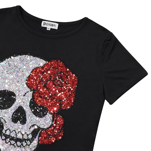 Image of PESION Womens Short Sleeve T-Shirt Sequined Tops O-Neck Funny Graphic Tees Blouse
