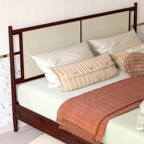 Image of Bme Oliver King Bed Frame and Headboard - 15-Inch Signature Design with Rattan Headboard, Bohemian and Mid Century Style, 12-Slat Wood Support, No Box Spring Needed - Easy Assembly, Walnut