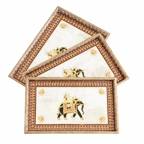 Image of Wooden Enamel Coated Serving Tray Set of 3 for Home Decor Multipurpose Rectangular Trays for Kitchen Living Room and Coffee Table with Printed Design (C-3)