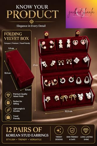 Image of Designer Earrings Set of 12 pairs with Foldable Velvet Jewelry Box | Premium gift for Woomen & girls on Birthday, Annivarsary, Rakhi, Raksha bandhan, Valantine, Mother'day