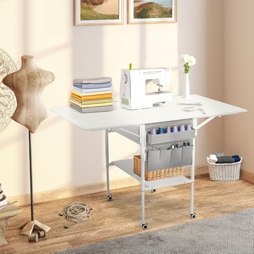 MELLCOM Height Adjustable Sewing Table with Storage Shelves and Storage Bag, Mobile Folding Cutting Table for Large Fabric, Foldable Table for Home Office Sewing Room Craft Room