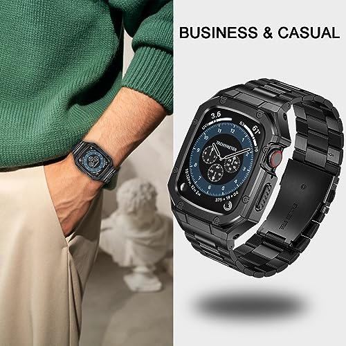 Image of BAITEYOU Stainless Steel Watch Band with Case Compatible with Apple Watch Series 11 10 42mm, Rugged Strap with Metal Protective Bumper Cover for iWatch Bands Men (Black)