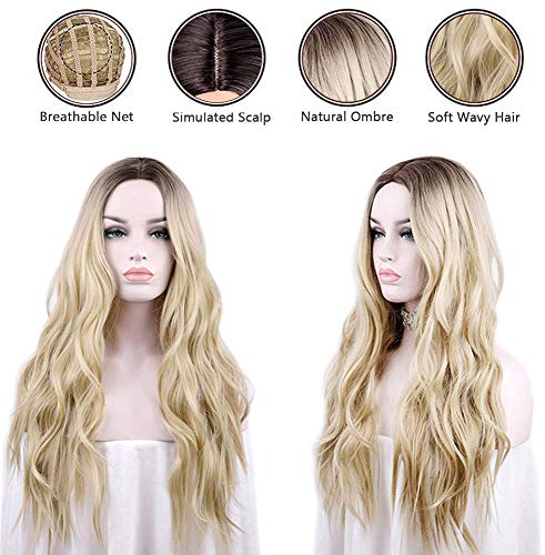 image for aSulis Natural Long Wavy Wig Dark Roots Ombre Blonde Wig Middle Partin