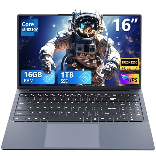 Ordenador Portátil 16 Pulgadas, PC Portátil con Procesador Core i5 8210Y, 16GB RAM 1TB SSD, Laptop Win 11 con Pantalla FHD IPS 1920*1200, Teclado Retroiluminado Type C, Computadora Portátil Versátil