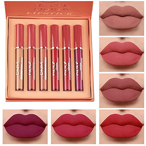 6Pcs Matte Liquid Lipstick Set Lip Stain Makeup Kit,evpct 24 Hour Long Lasting Waterproof Dark Red Matte Matt Lipsticks Lip Gloss Sets for Women Matt Liquid Lippies labiales matte larga duracion 24 10