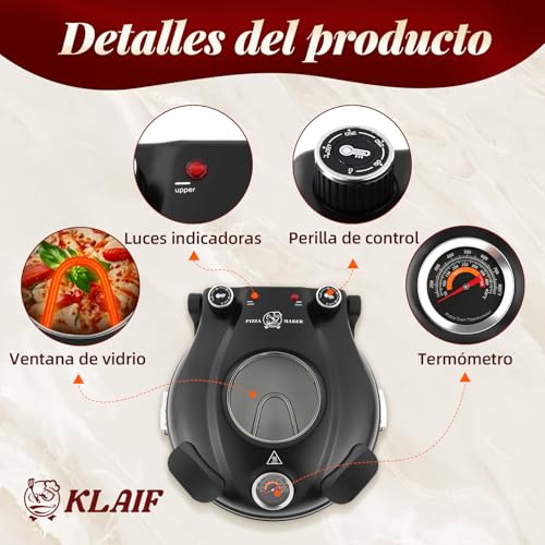 Miniatura 3 de Klaif Horno Eléctrico Para Pizza 420 C, Calor Superior E Inferior Regulables Por Separado, Piedra Para Pizza De Cerámica 31 Cm, 1200 W, Horno De Pizza Compacto Para El Hogar, Modelo Lm-Negro