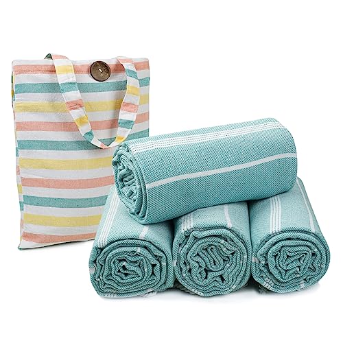 HILLFAIR Cotton Turkish Beach Towels, Quick Dry Lightweight Sand Free Peshtemal Towel for Bath Swim Yoga Spa Travel, Beach Accessories, Oversized Cotton Turkish Towels (39 x 72 inch- 4 Pack Aqua)