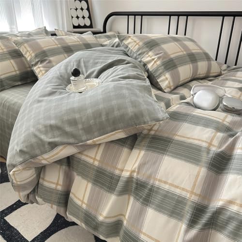 Image of VM VOUGEMARKET Green Gingham Duvet Cover Full Size Simple Farmhouse Style Cotton Boy Men Buffalo Plaid Bedding Set 1 Duvet Cover with 2 Pillowcases