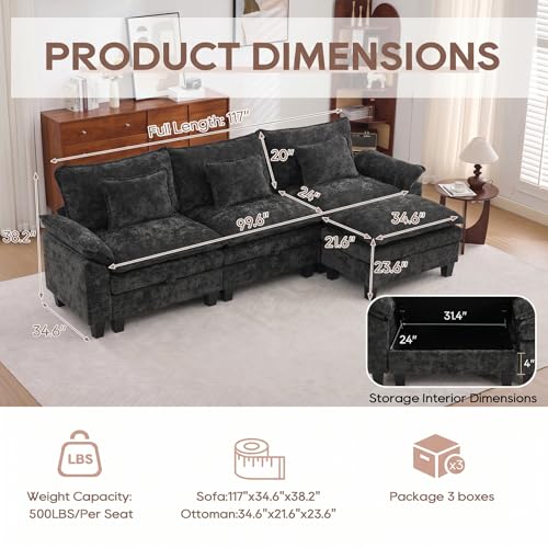 Image of IPKIG 117 inch Modular Cloud Couch with Storage, L Shaped Sectional Sofa with Ottoman & Pillow, Chenille Deep Seat Sectional Couches for Living Room, Apartment, Black