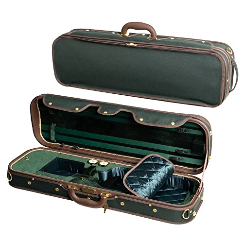 MI&VI NW-9001 Professional Hard-Shell Wooden Violin Case 4/4 (Full Size) Luxury Silk Interior | Solid Wood | Oblong Shape | Sheet Pocket | Adjustable Straps | Hygrometer | Thermometer (Green - Wood)