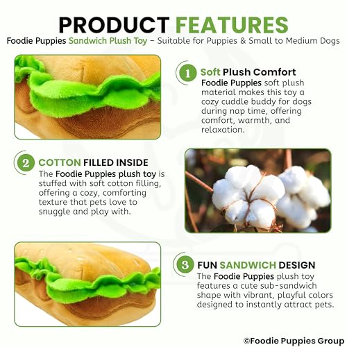 Image of Foodie Puppies Dog Squeaky Plush Toy - (Sandwich) | Durable, Bite-Resistant & Soft Stuffed Chew Toy | Safe, Fun & Interactive for Playtime, Dental Exercise & Teething for Small to Medium Dogs (5cm)