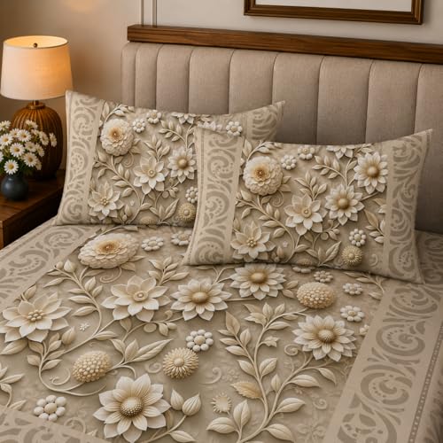 Image of 7D Digital Printed King Size Bedsheet with 2 Pillow Covers | Soft Premium Cotton Feel Microfiber Double Bed Bedsheet|Breathable,Wrinkle Free & Fade Resistant|(BeigeFloral, KingSize-225x250CM)