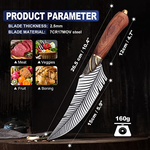 ROCOCO Feather Viking Boning Knife Japanese Forged in Fire Fancy Handmade Butcher Cleaver with Sheath Kitchen Outdoor Camping BBQ Collection Birthday Father Mother Christmas Day Gift 5.9\" - Thumbnail 6