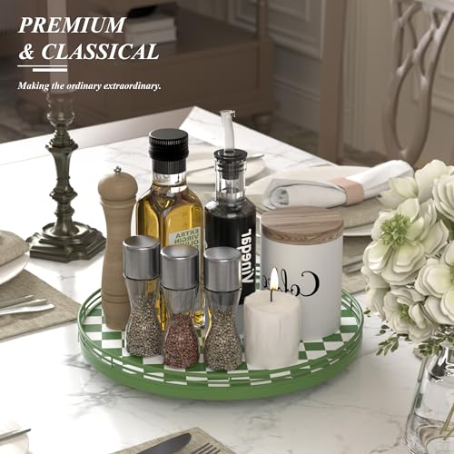 Image of Premium Rubber Wood Lazy Susan Turntable, Green White Checkerboard Decorative Serving Tray, Hand-Welded Metal Railing, Stable Rotating Organizer for Dining Table, Kitchen Counter, Coffee Table Decor
