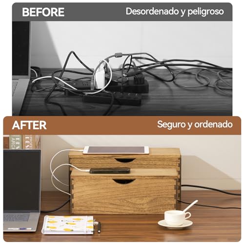 Miniatura 5 de Kirigen Caja De Cables De Madera Maciza, Juego De 2 Caja De Cables Grande Para Enchufes, Cargadores Y Almacenamiento De Cables, Organización De Routers Amarillo-Marrón