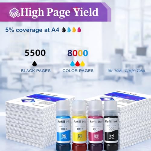 Image of ROHINK 003 Compatible Refill Ink for Epson L3110, L3150, L3250, L3252, L3115, L3116, L3101, L3210, L3215, L3216, L3151, L3152, L3156, L5190 Printers (003 Multicolor Pack 4)