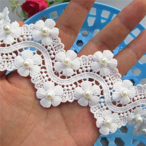 1 Yard Vintage Wave Pearl Flowers Embroidered Lace Trim Fabric Floral Appliques Lace Ribbon Bridal Ornaments Handmade DIY Sewing Supplies Craft for Costume Hat Decoration 2.36" Wide (White)